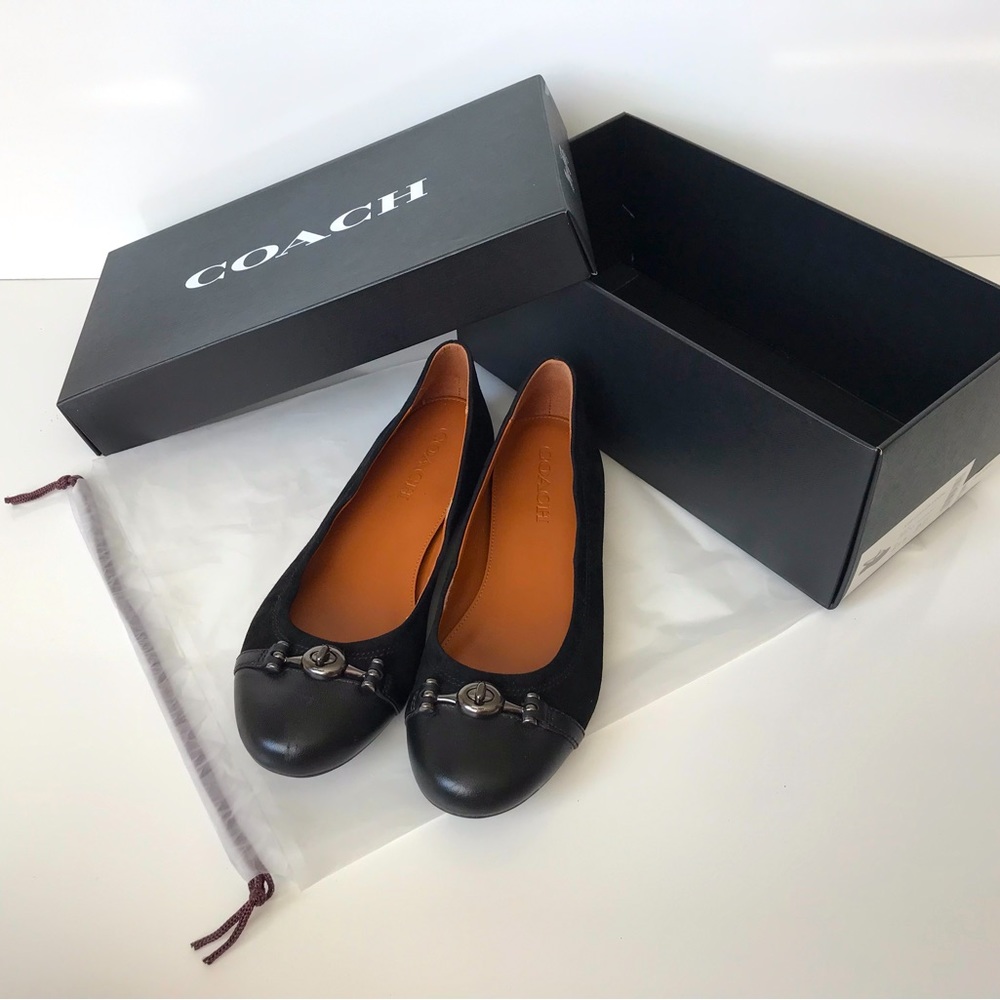 COACH Leila Size 8.5B Black Suede Leather Toe Ballet Flats Metal Buckle Accent